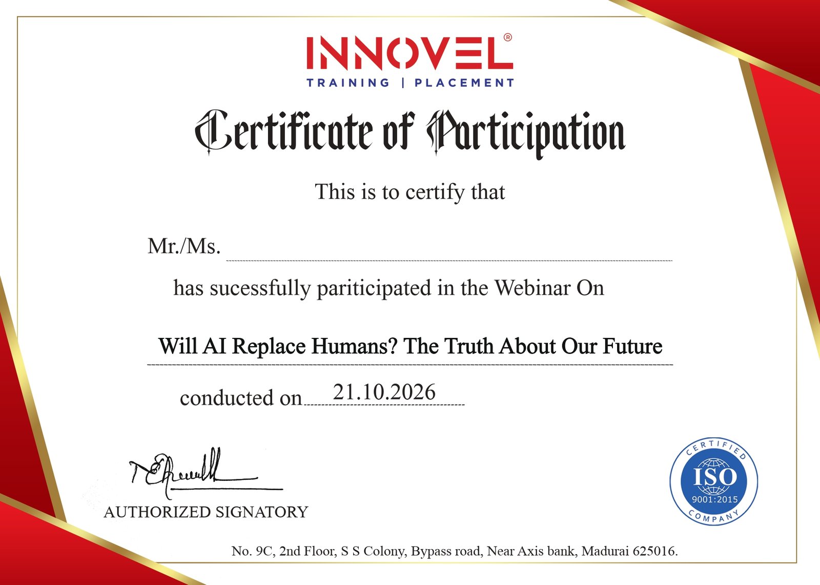 Innovel Certificate of Participation
